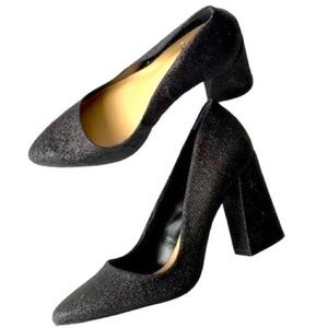 Vince Camuto Black Glitter Pumps Heels Block Heels Pointed Toe, Sz 8M